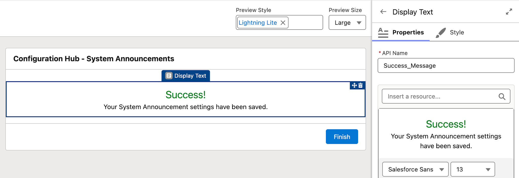 Edit screen in the Flow Builder that showcases the success message that will display when the record saves successfully. 