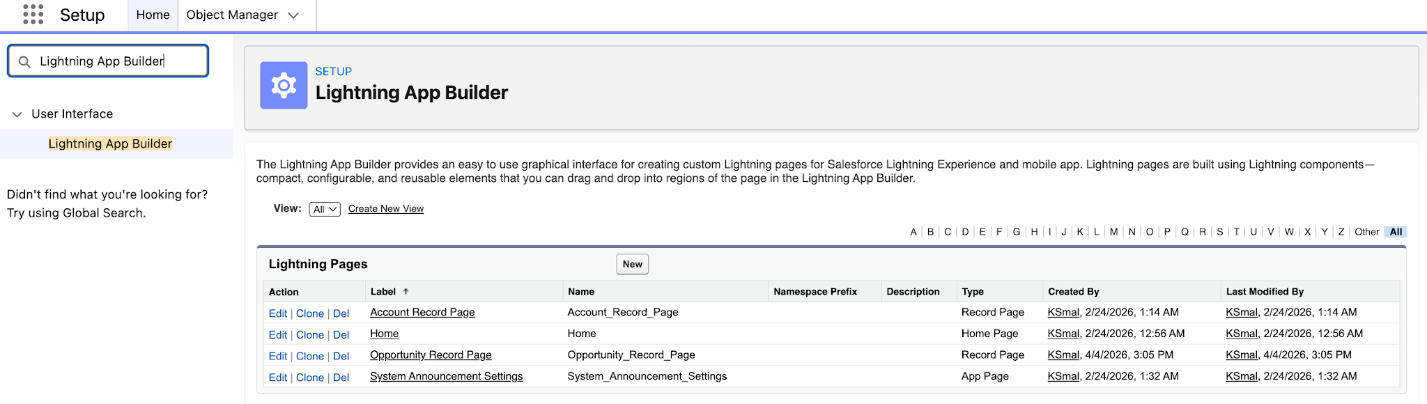 Lightning App Builder page in Setup.