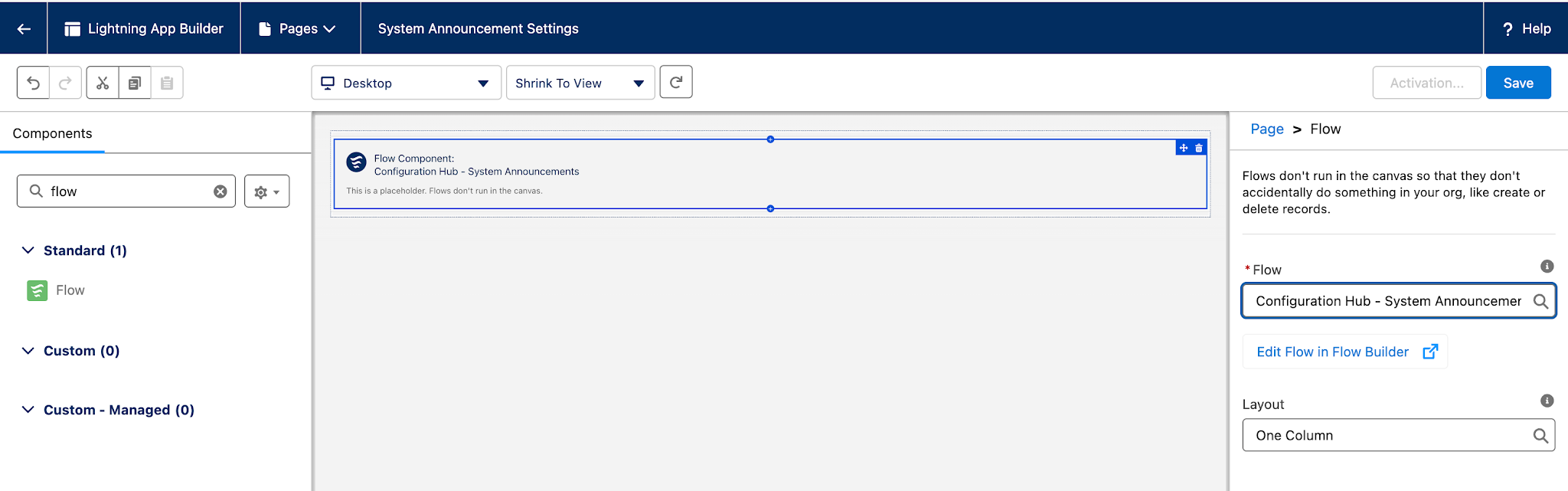 System Announcement Settings app page in the Lightning App Builder, showcasing the flow component details. 