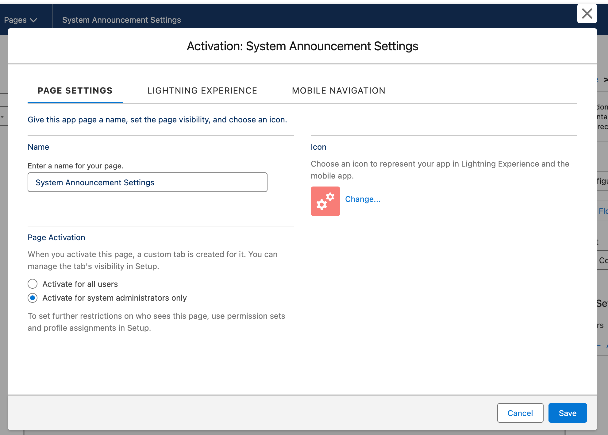 Activation screen for the System Announcement Settings app page.