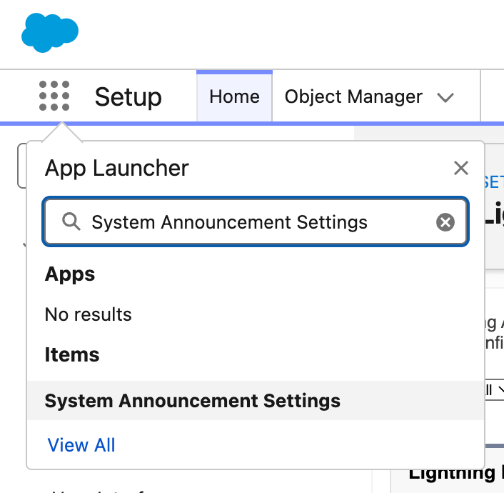 Search bar in the App Launcher, showcasing a search for the “System Announcement Settings” tab.