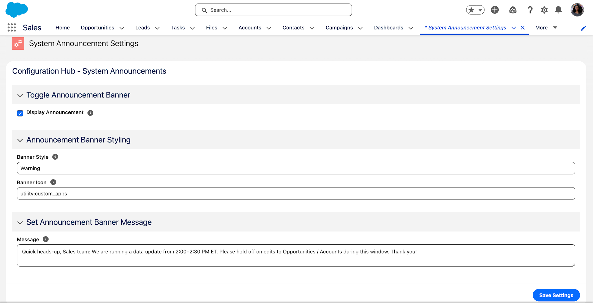 “System Announcement Settings” tab shown in the Sales app. 