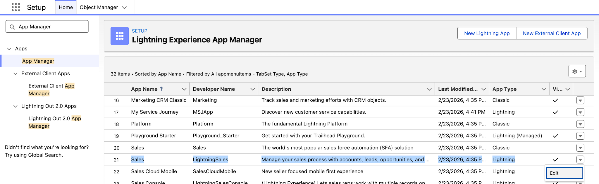 Lightning Experience App Manager in Setup.