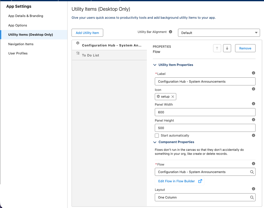 App Settings for the Sales app, showcasing the new utility item for the “Configuration Hub - System Announcements” flow.