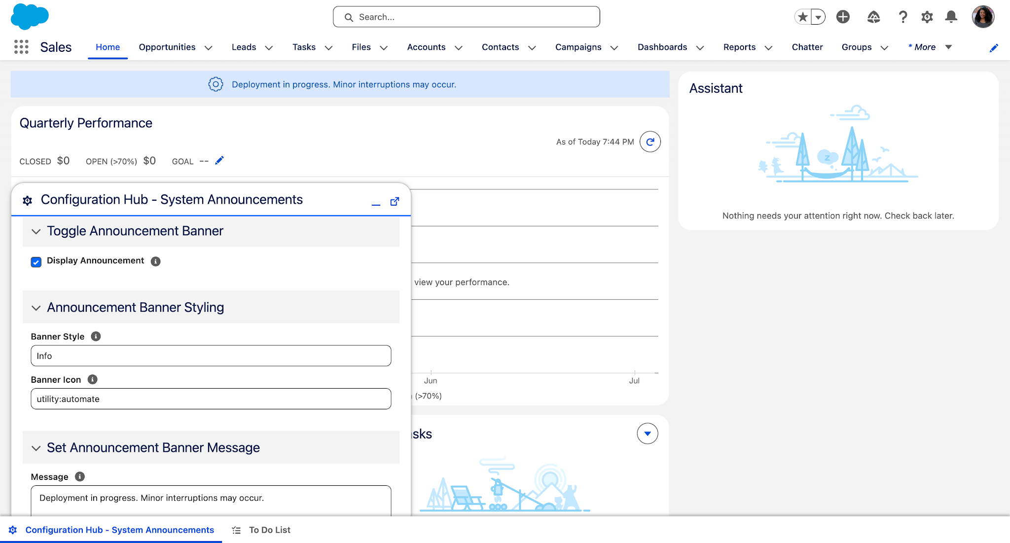 The “Configuration Hub - System Announcements” flow nested in a utility bar item, shown on the home page in the Sales app.
