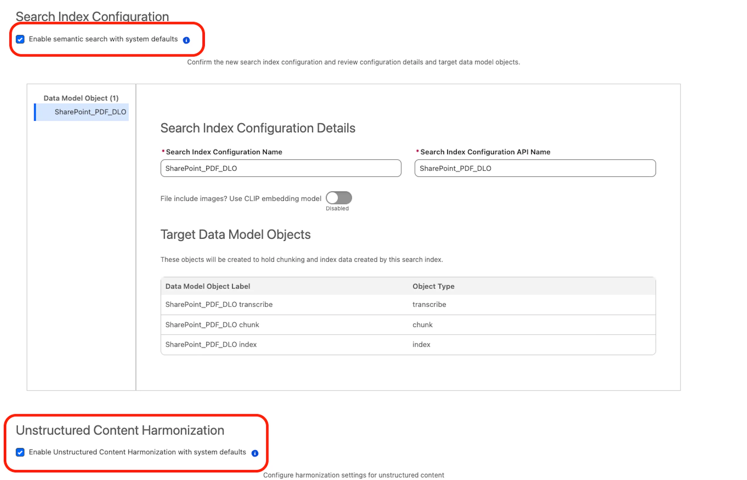 UI screenshot showing the checkbox to enable Unstructured Content Harmonization with system defaults.