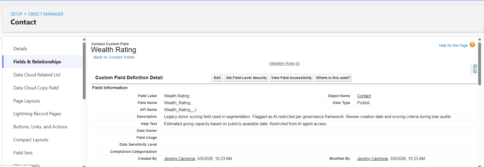 Salesforce Contact custom field detail page for Wealth Rating, showing field label, API name, description flagged as AI-restricted, and Created By date for bias audit review.