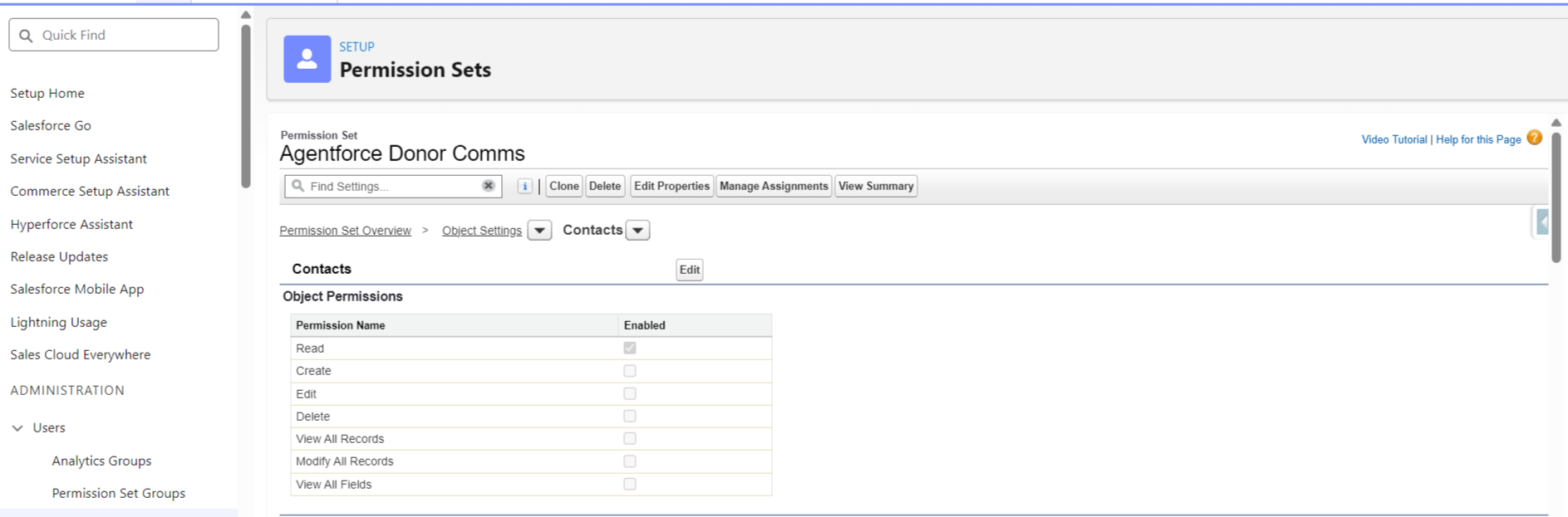 Salesforce Permission Set named Agentforce Donor Comms showing Contact object settings with Read-only access enabled, restricting AI agent data access for governance compliance.
