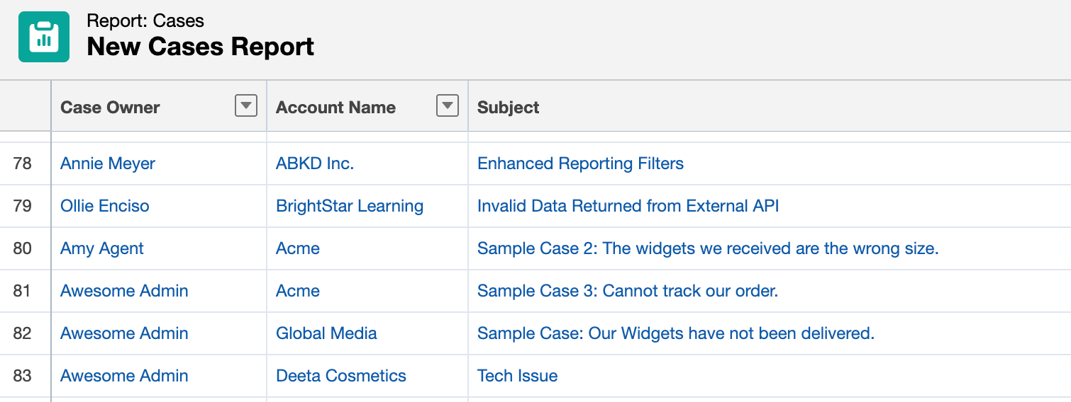 Simple tabular report of Cases displaying Account Name and Subject.