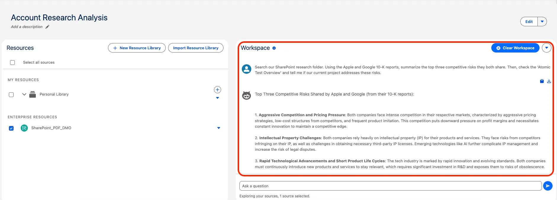 Screenshot of Salesforce Notebook AI workspace successfully comparing Apple and Google 10K risks based on connected SharePoint documents.