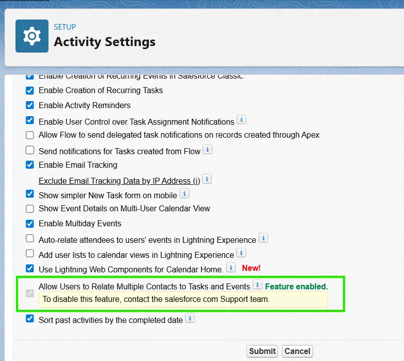 Salesforce Activity Settings page showing the Allow Users to Relate Multiple Contacts to Tasks and Events checkbox enabled.