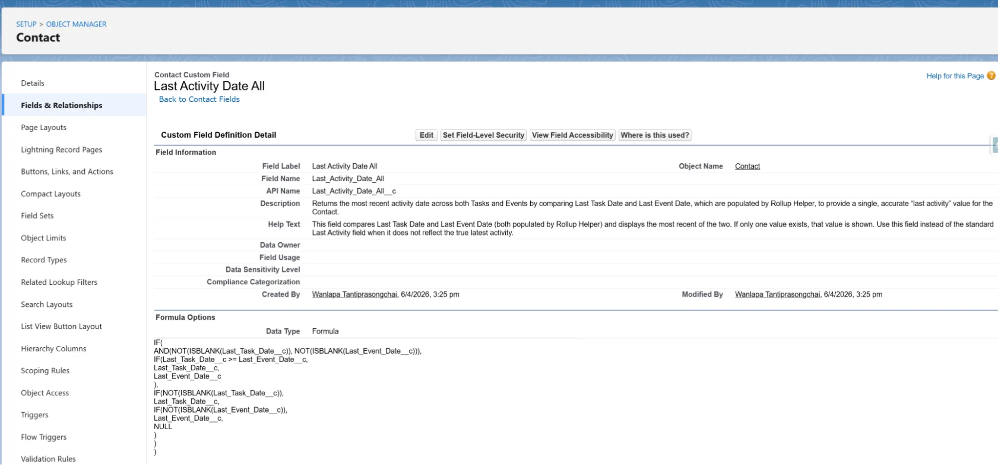Salesforce Contact custom field detail page showing Last Activity Date All formula field.