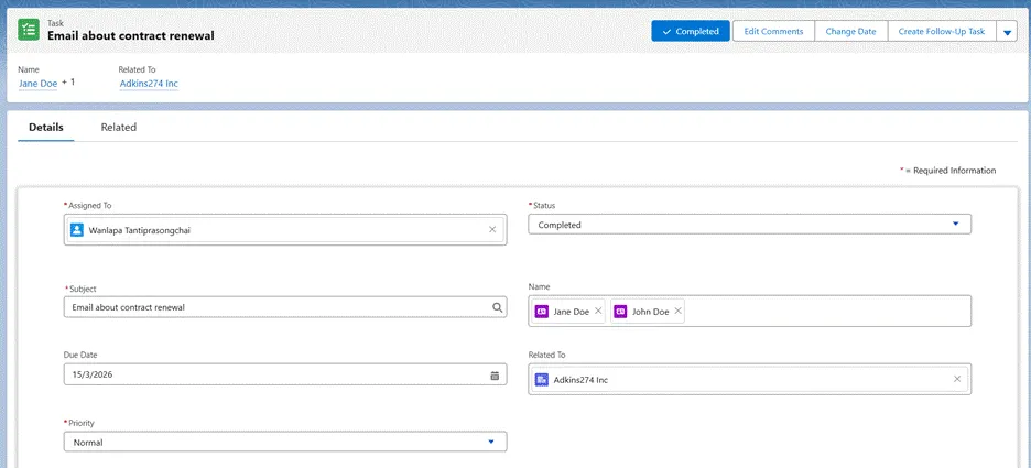 Salesforce Task record showing Jane Doe as primary and John Doe as secondary contact in the Name field, completed 15/3/2026.