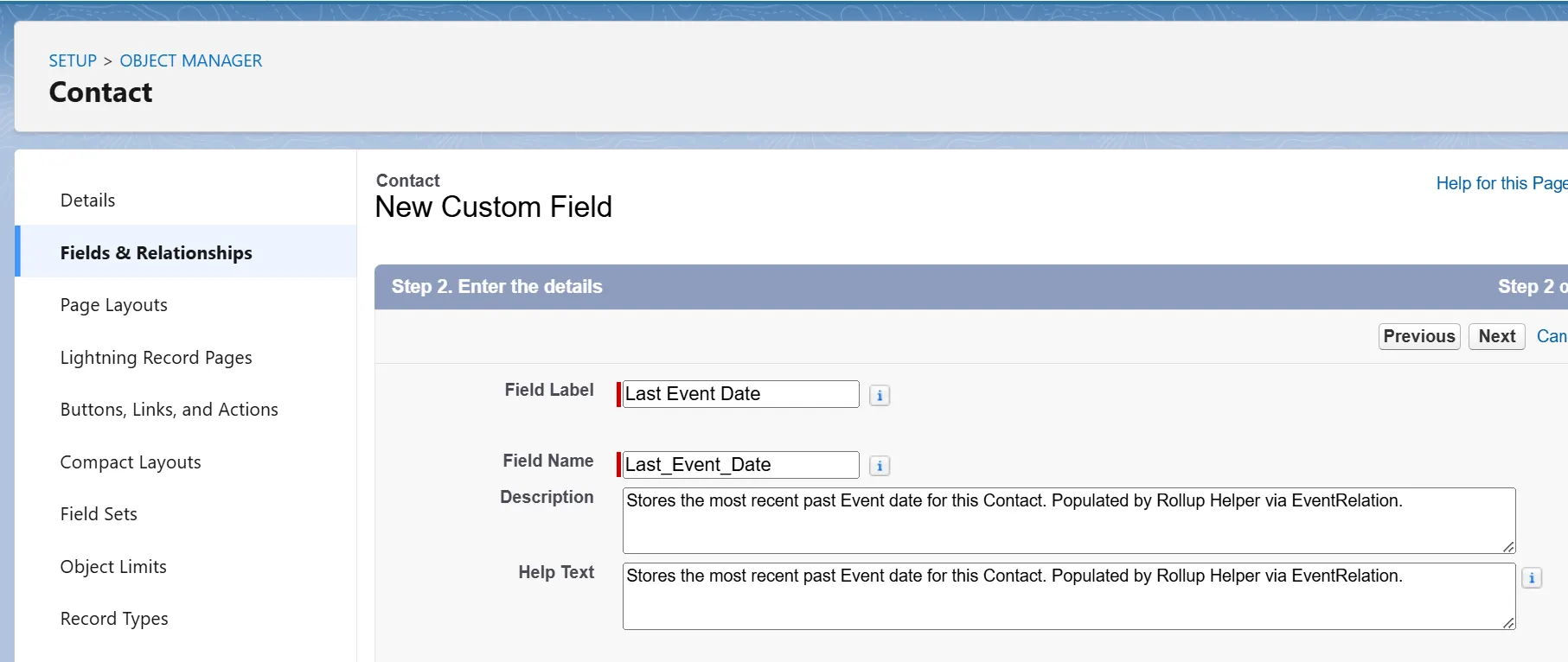 Salesforce New Custom Field screen showing Last Task Date field label, field name, description, and help text on the Contact object.