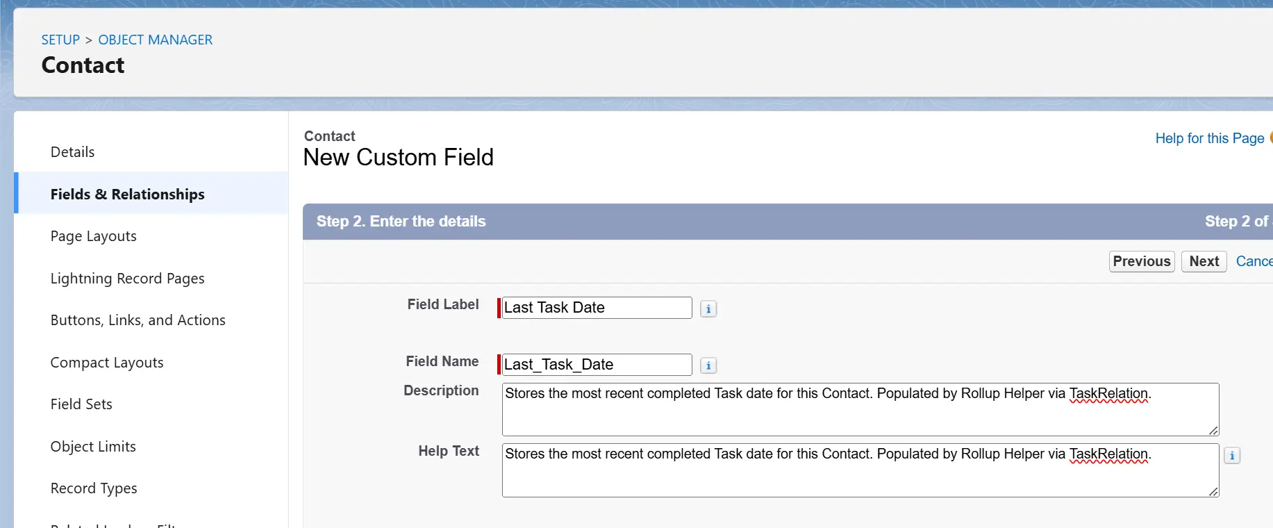 Salesforce New Custom Field screen showing Last Event Date field label, field name, description, and help text on Contact object.