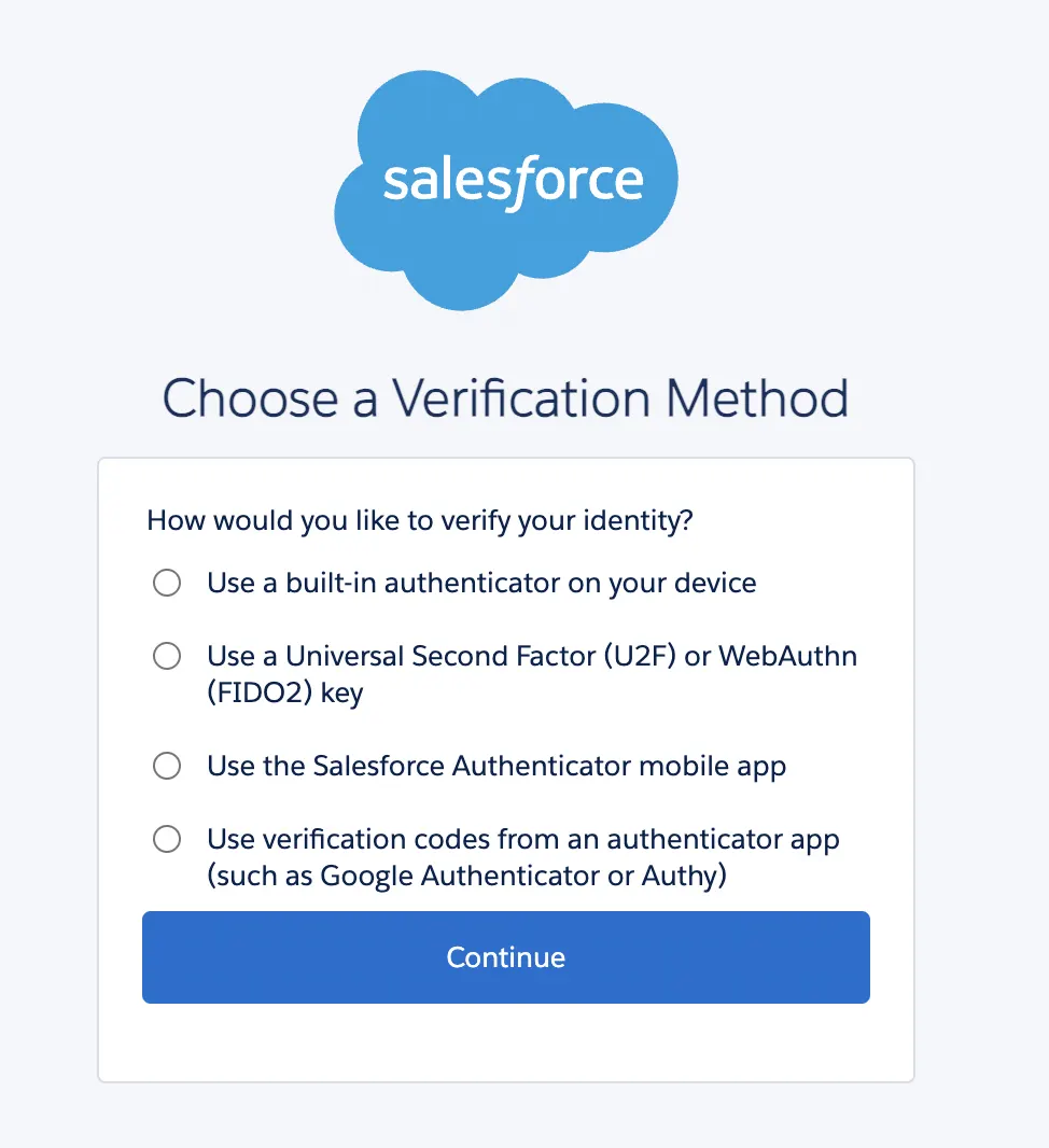 MFA Enrolment Screen in Salesforce which defaults to all methods