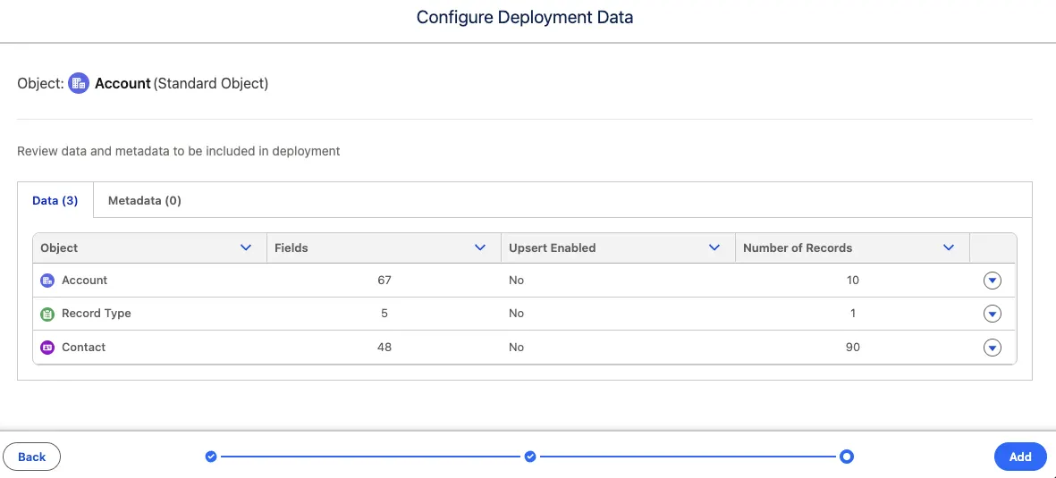 Screenshot from DX Inspector which shows Accounts, Record Types and Contacts selected for deployment.