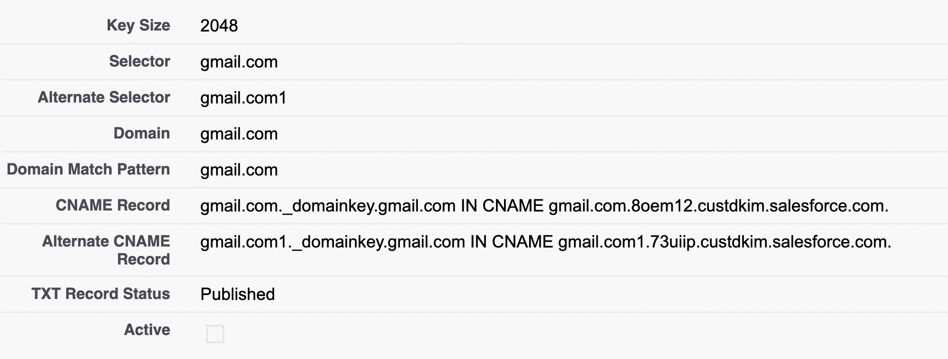 Screenshot from Salesforce of a DKIM Key that is not yet activated