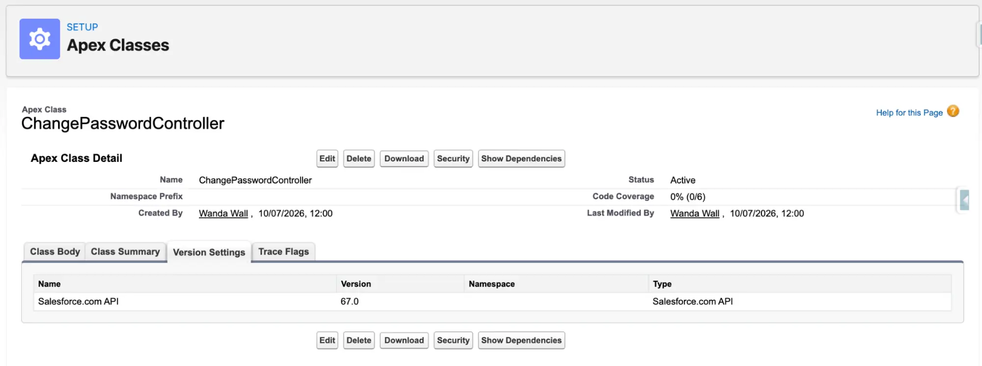 A screenshot of Salesforce showing the ChangePasswordController class using API version 67.