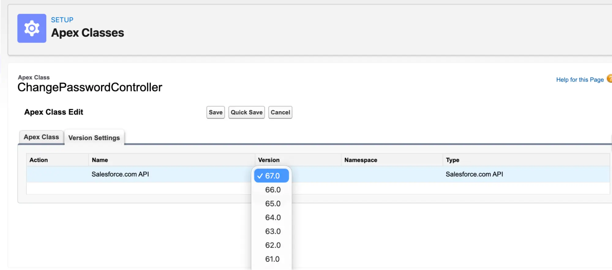 A screenshot of Salesforce showing how to change the API version of a class like ChangePasswordController.