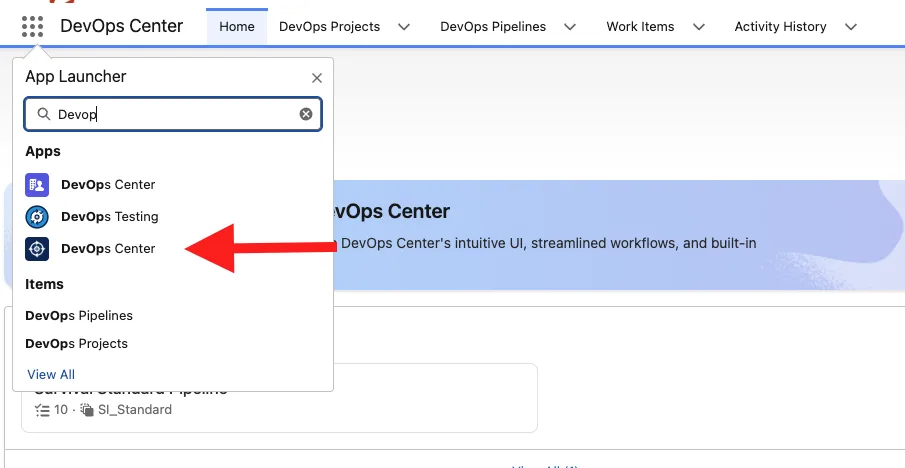 App Launcher search results showing the new DevOps Center app marked with a crosshair icon.