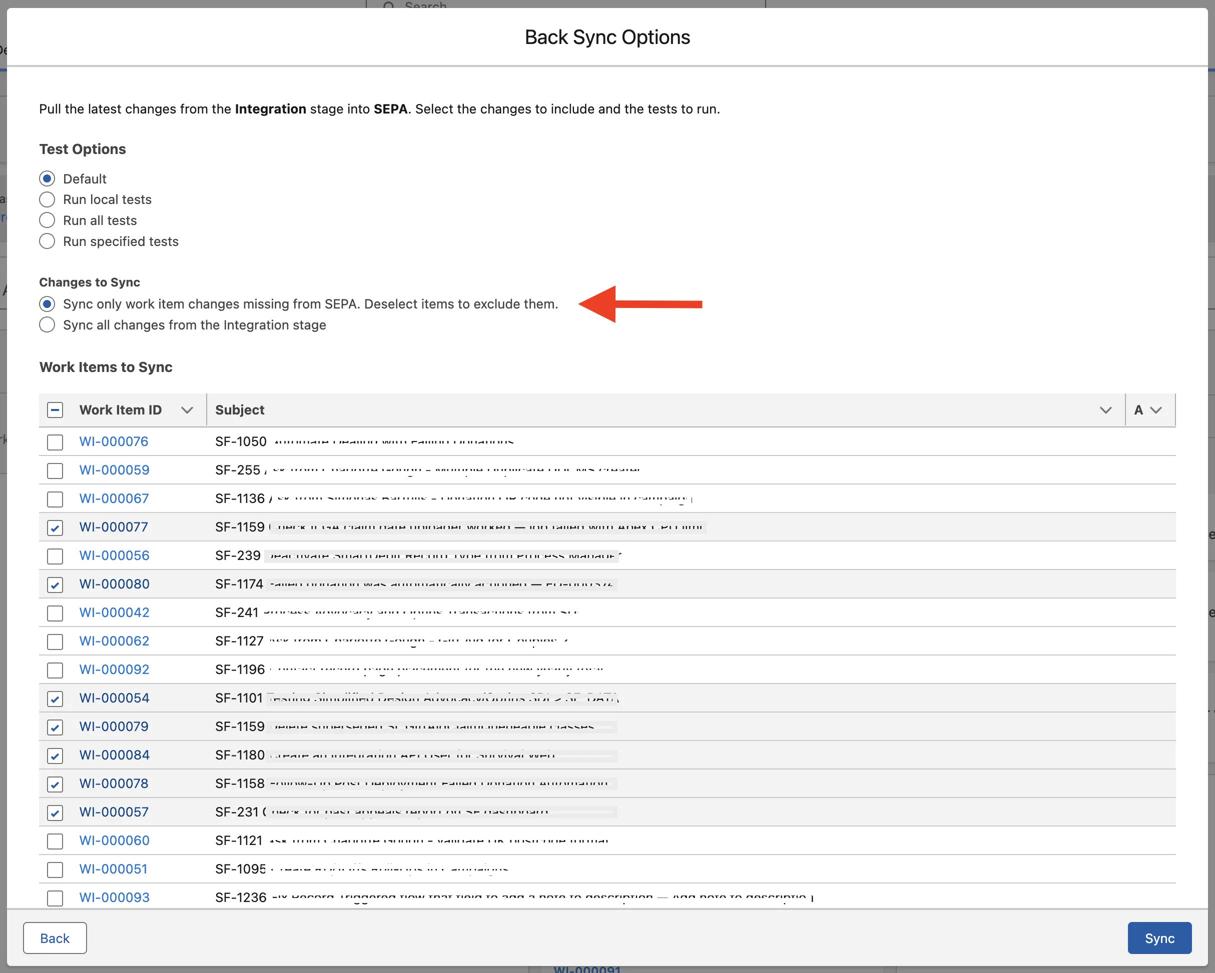 Back Sync Options Screen showing a list of work items to individually select what changes to sync.