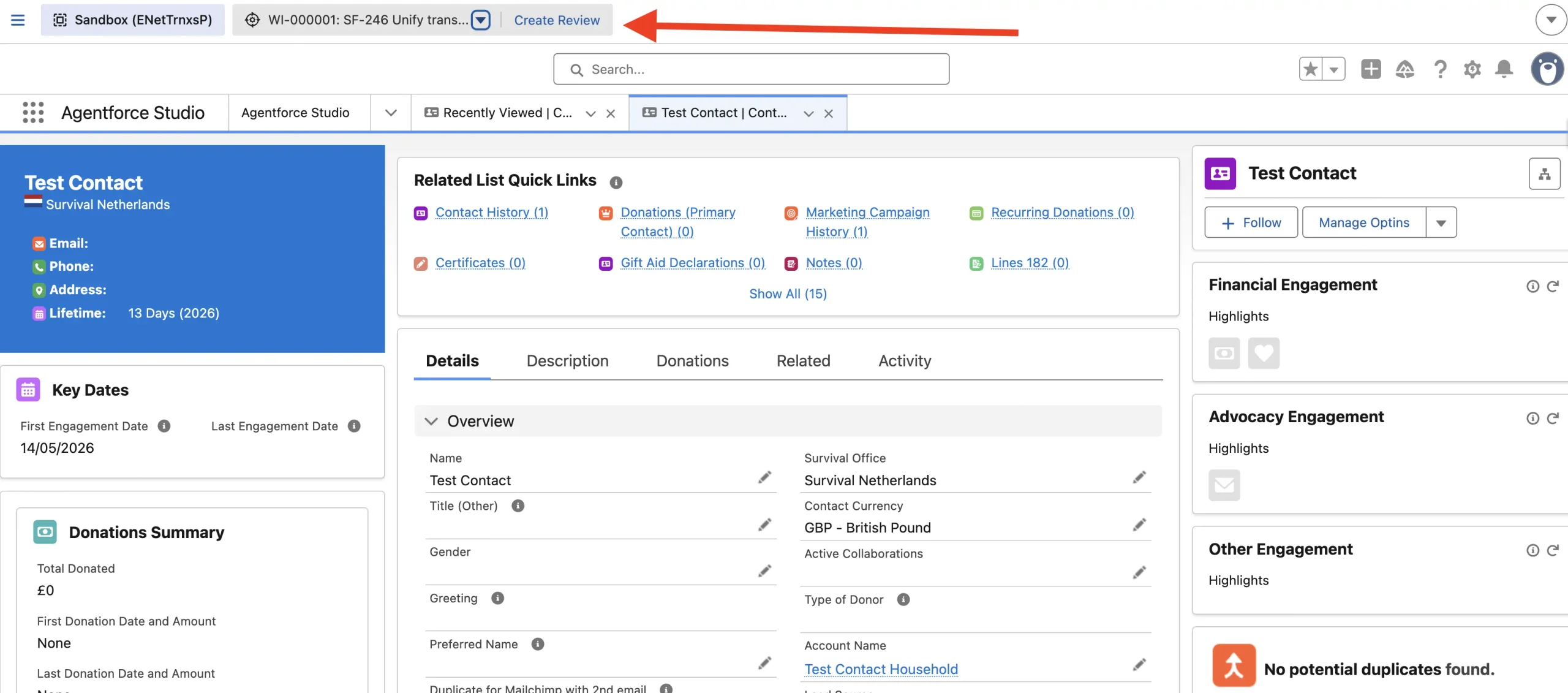 Create Review button highlighted in the DX Inspector Bar.