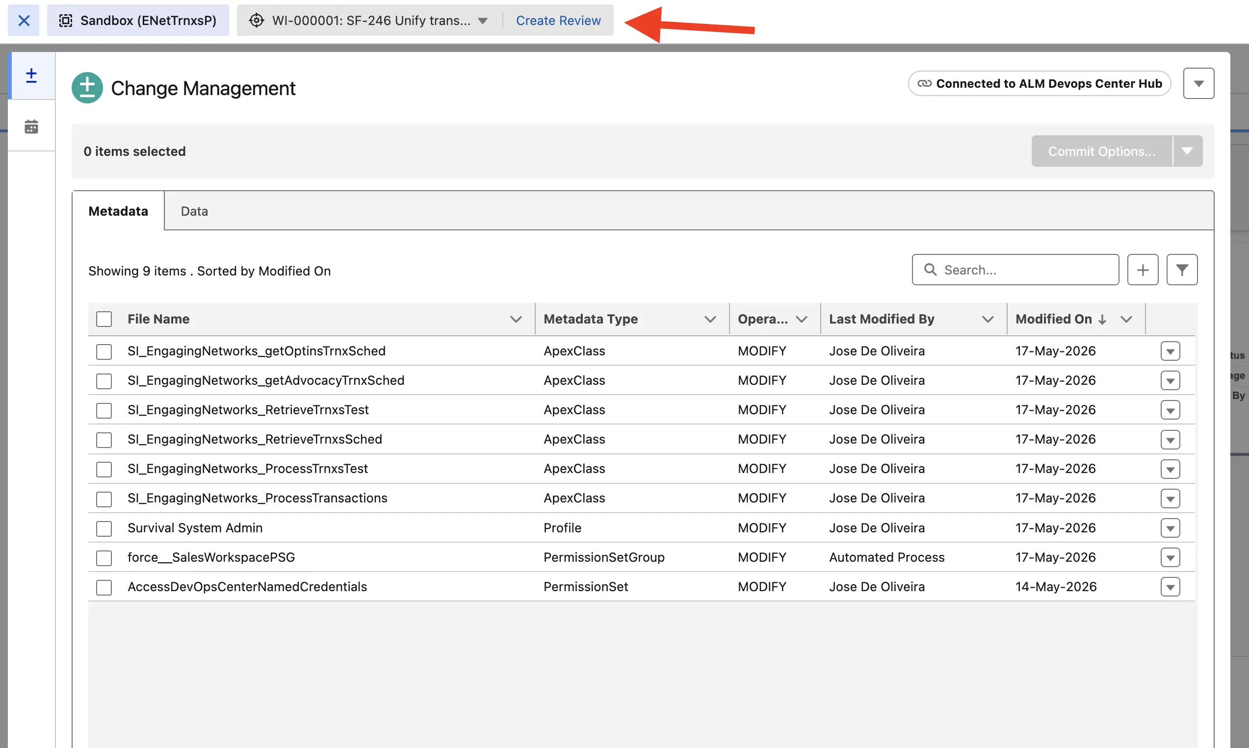 DX Inspector Bar showing a Create Review link after committing, with the committed metadata files listed below.