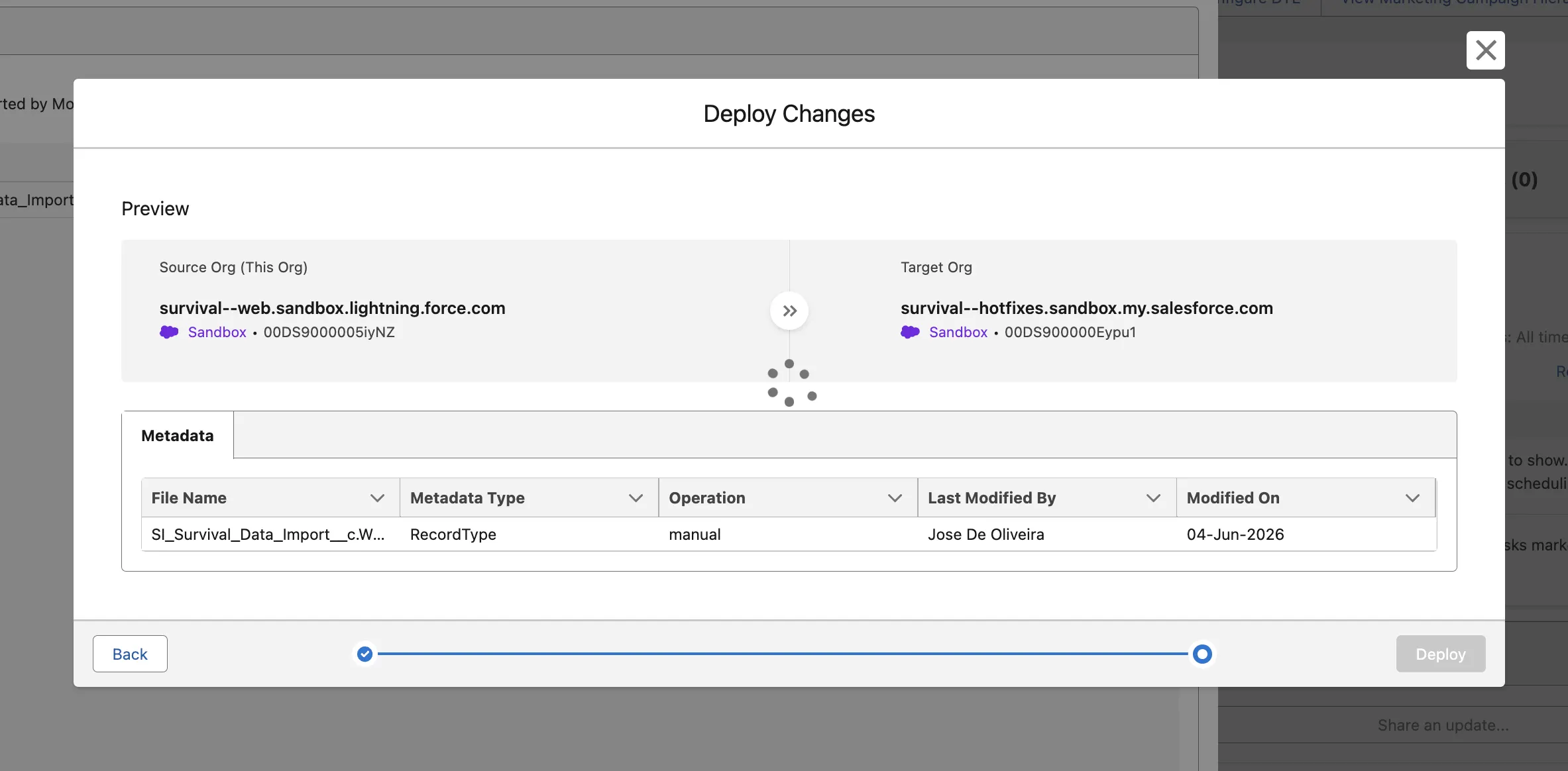 Deployment between orgs screen dialog.