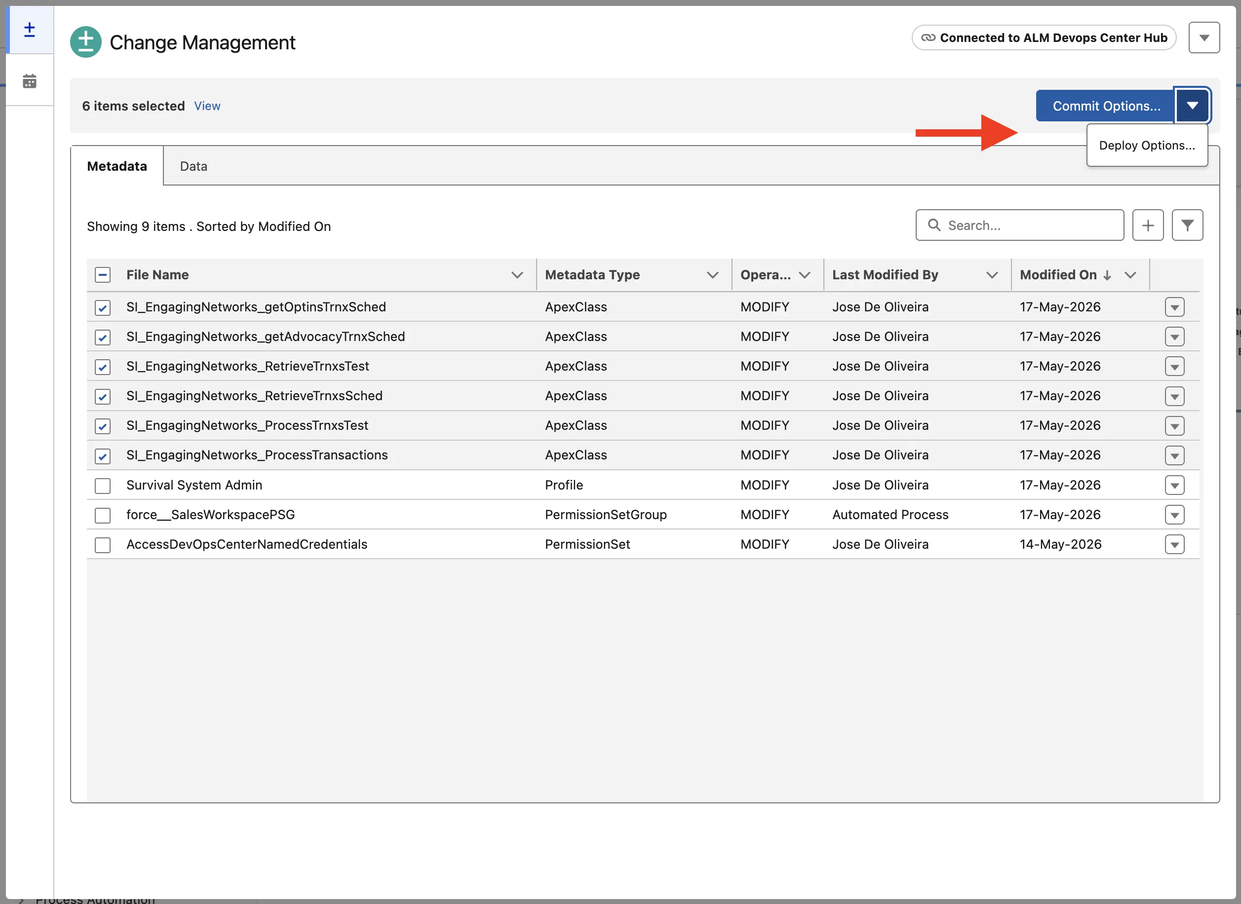 Deploy Options from the Commit Options dropdown menu in the DX Inspector Bar.