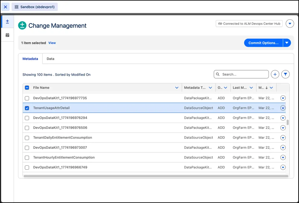 Change Management panel listing metadata files selected for commit, including Data Package Kit and Data Source objects.