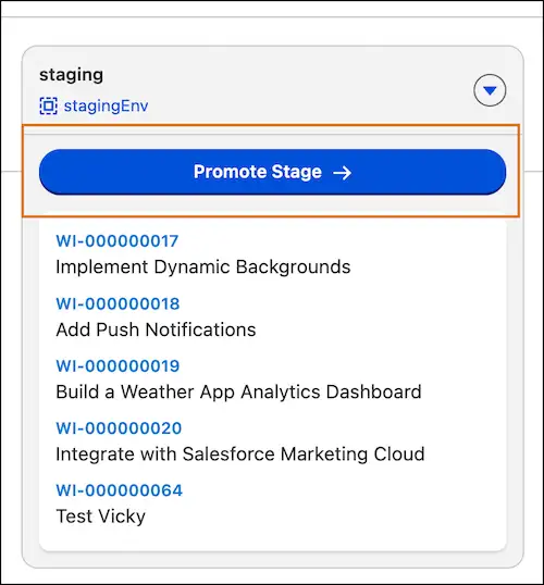 Staging pipeline stage card listing five Work Items with a Promote Stage button.