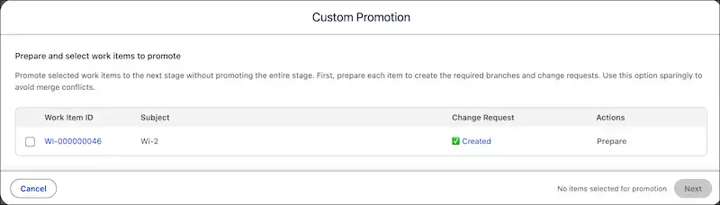 Custom Promotion dialog listing a Work Item with its change request already created, ready to promote separately.