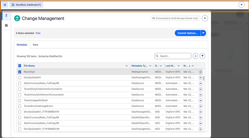 DX Inspector Bar change management panel listing modified metadata files ready to commit from the sandbox.