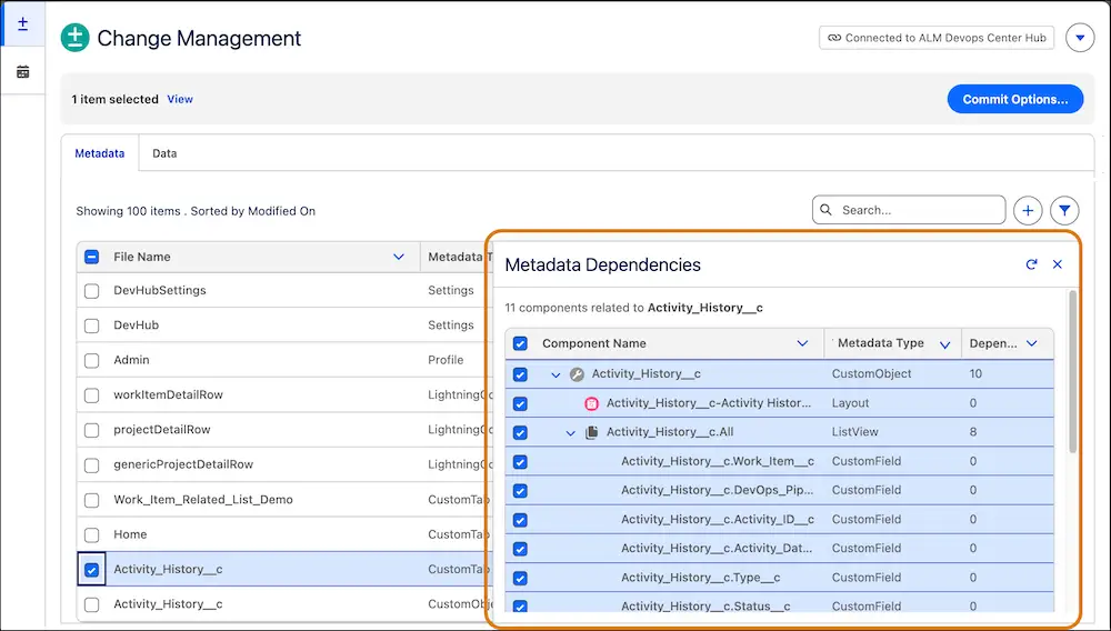 Metadata Dependencies panel listing eleven components related to the Activity History custom object.