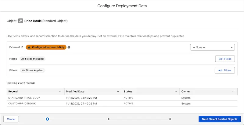 Configure Deployment Data wizard showing fields, filter and record selection for the Price Book object.