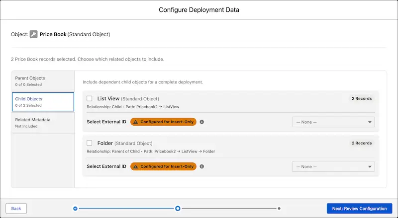 Configure Deployment Data wizard showing parent, children and related metadata.