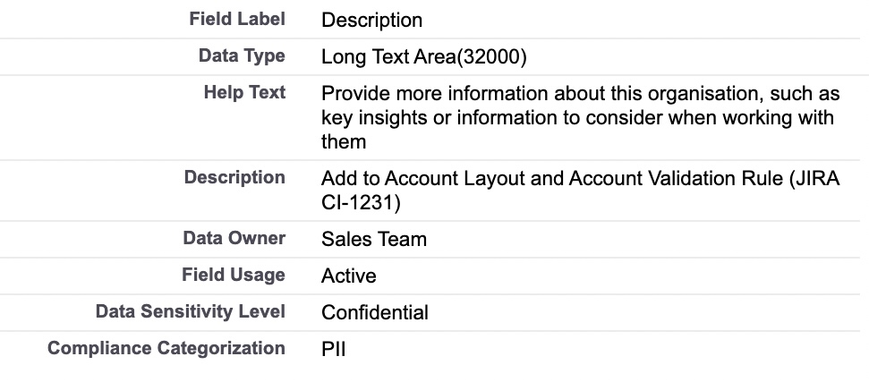 Screenshot from the Account Description field which includes additional attributes populated such as Field Usage and Data Owner