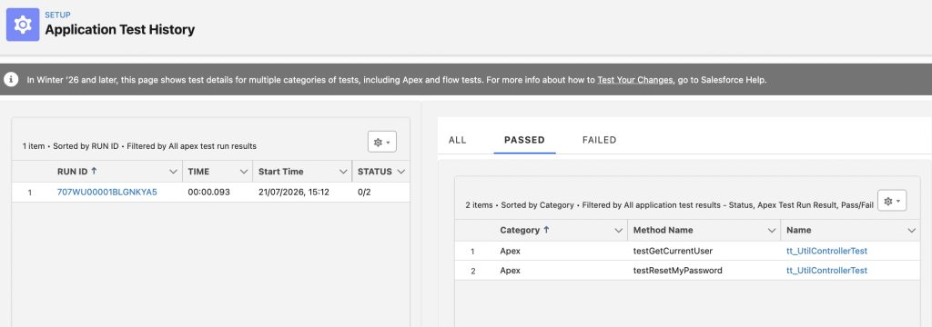 Screenshot from Application Test History where Salesforce Admins can run Flow and Apex Tests