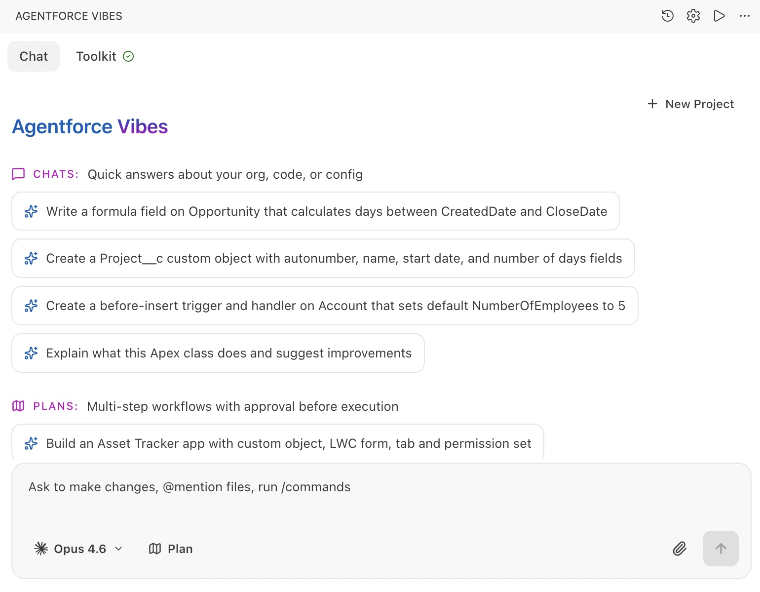 Screenshot of Agentforce Vibes IDE where you can generate Salesforce Metadata from Custom Prompts