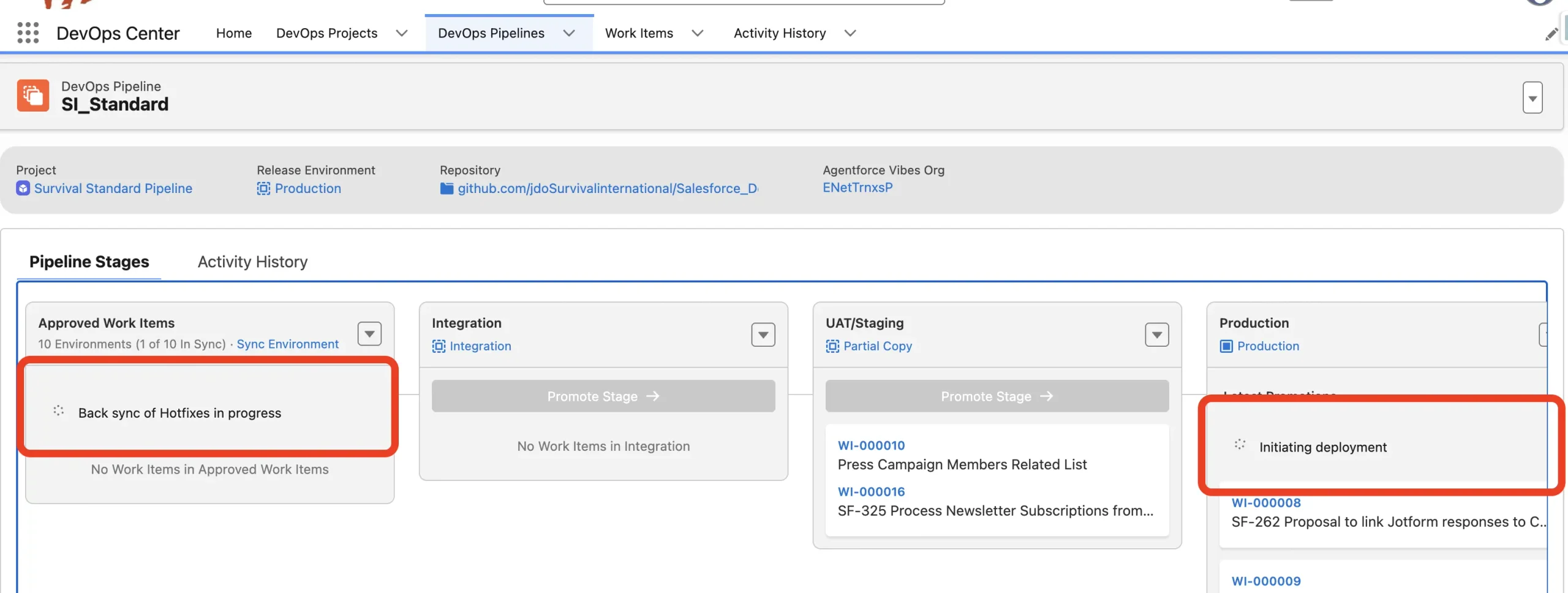 Pipeline view showing a backsync and a deployment both in progress at the same time.