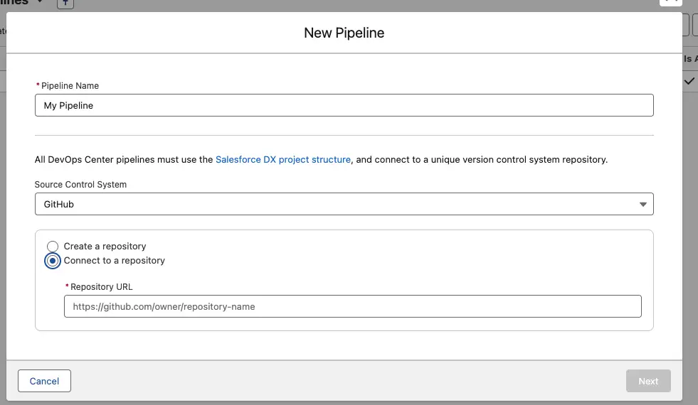 New Pipeline setup form with optional connection to an existing repository or creating a new one.