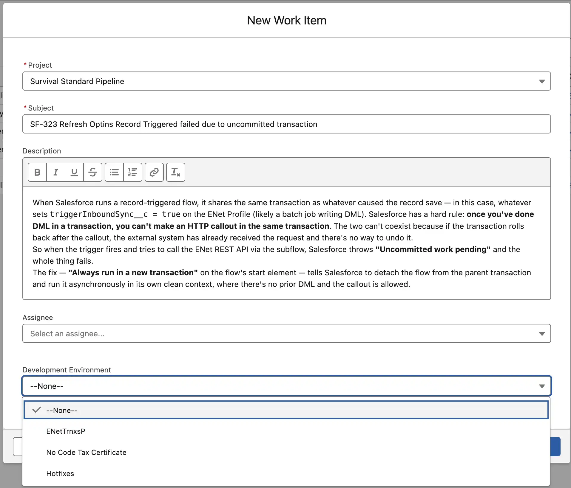 New Work Item dialog screen with Project and Development Environment selection.