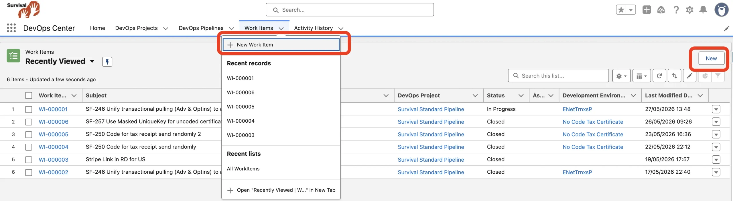 New Work Item buttons in DevOps Center App.