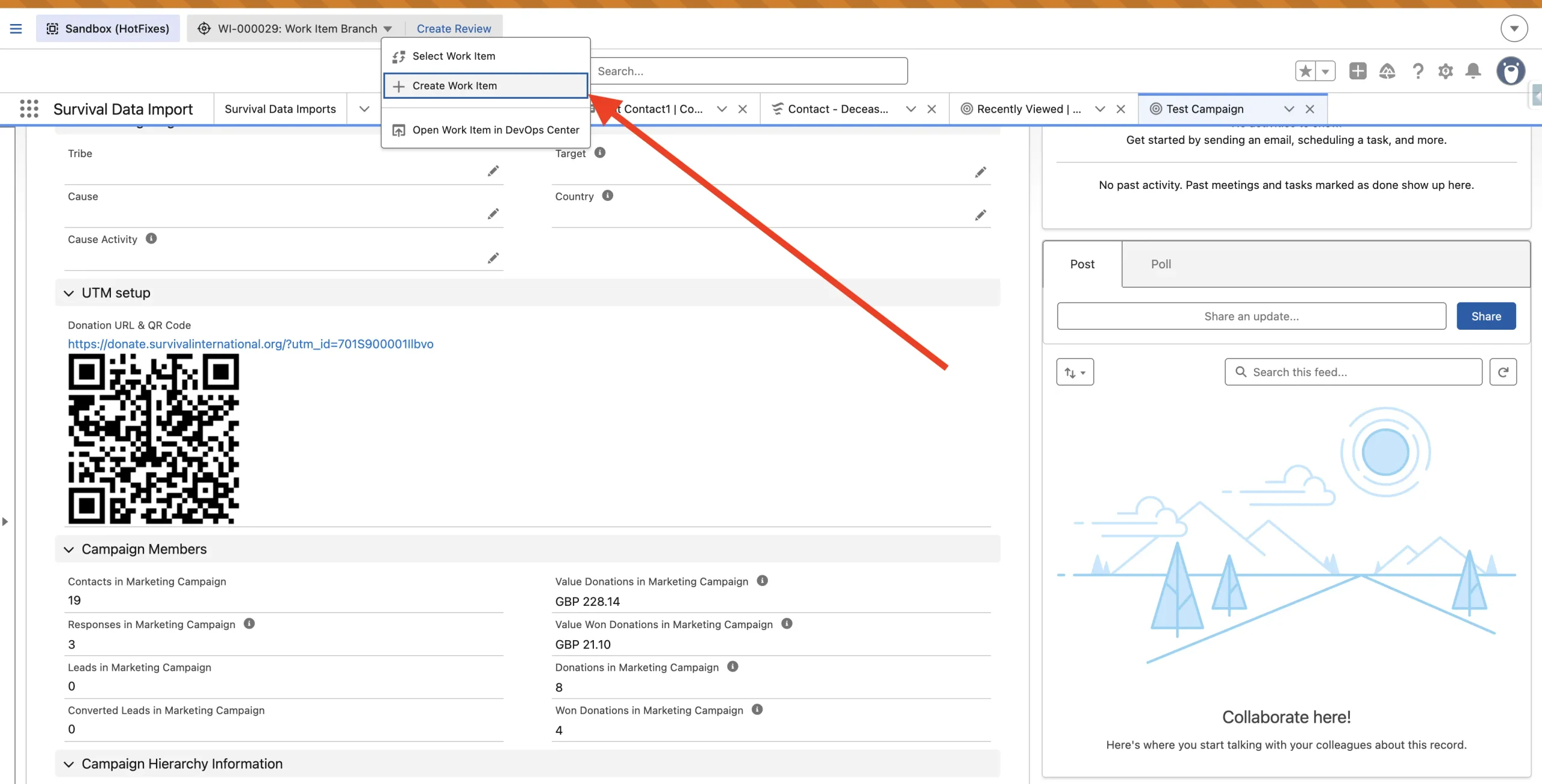 Sandbox DX Inspector Bar menu options to select, create, or open a Work Item, highlighting "Create Work Item".