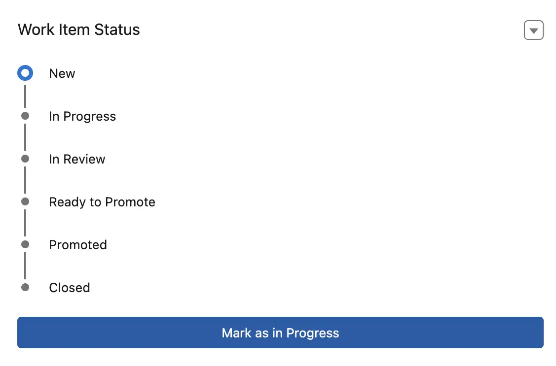 Work Item status stepper at 'New' with a "Mark as in Progress" button below.