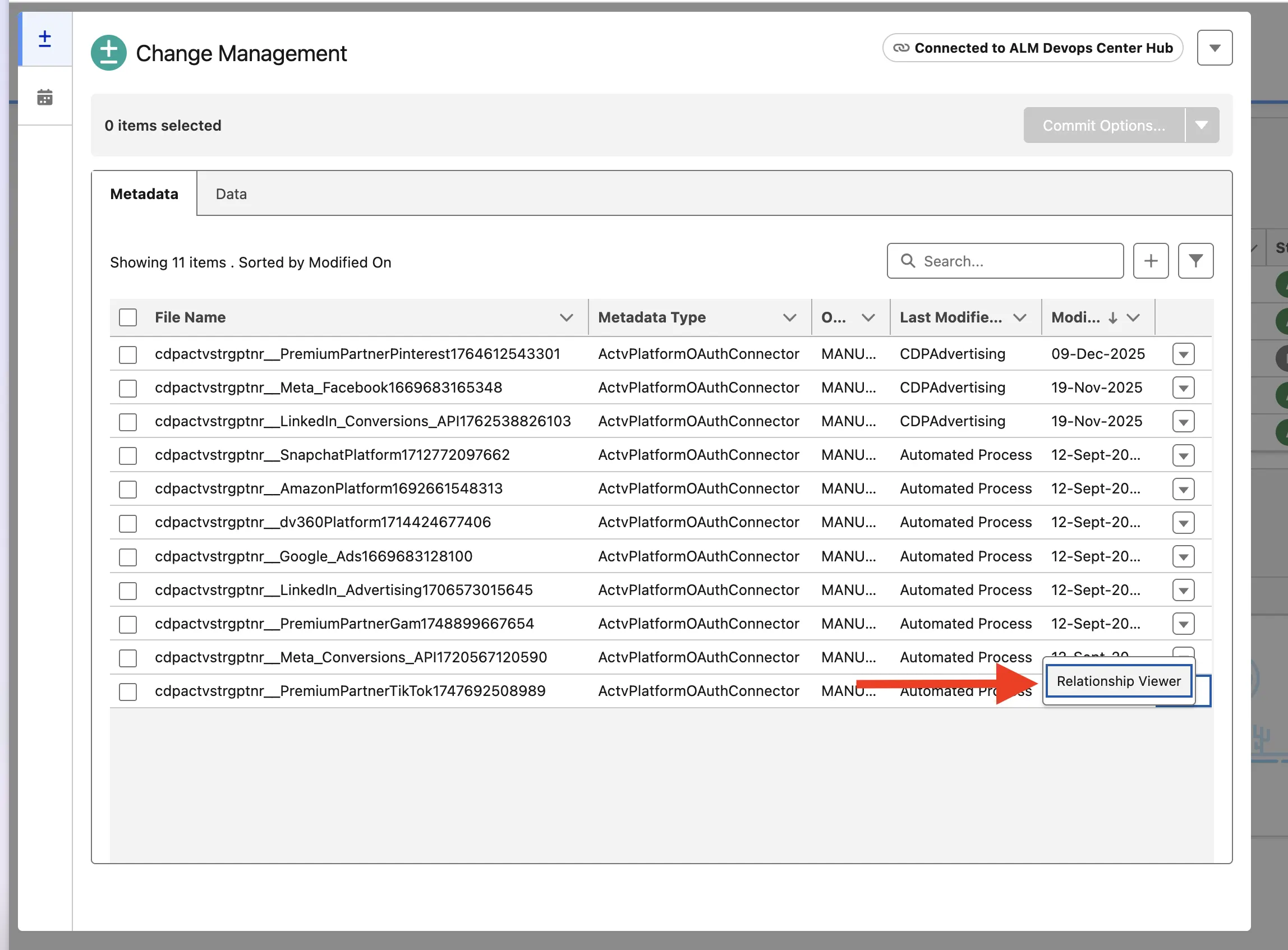 Change Management panel highlighting the Relationship Viewer button for associated components.