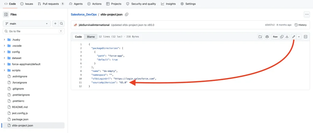 GitHub view of the sfdx-project.json file with the sourceApiVersion field highlighted for manual updating.