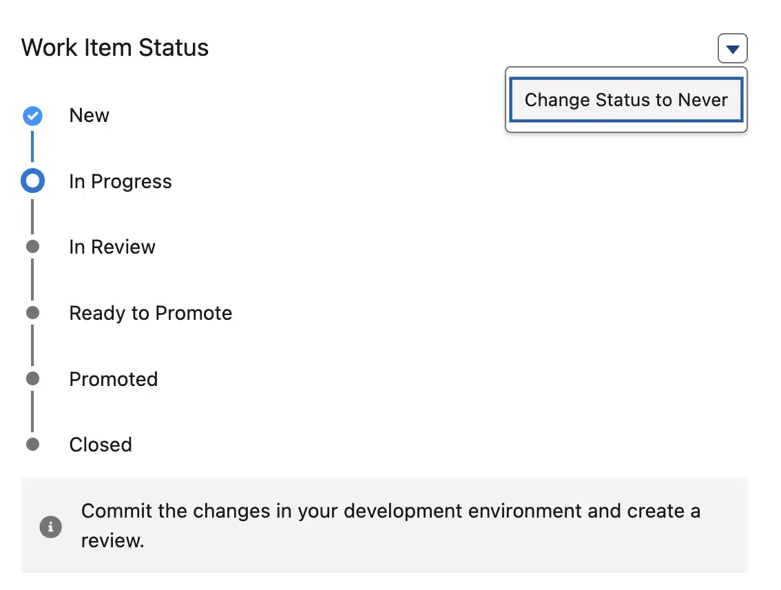 Work Item path showing the dropdown menu with "Change Status to Never".