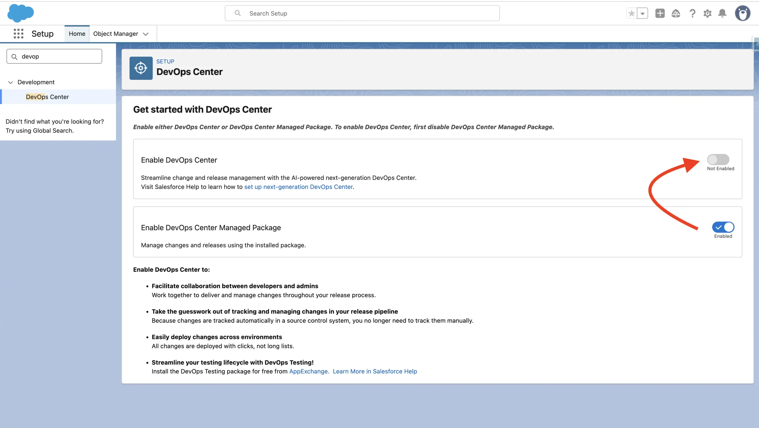 Setup screen with toggles to enable the new DevOps Center Core App or keep the managed package active.